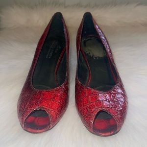 Red Snakeskin Peep Toe Heels